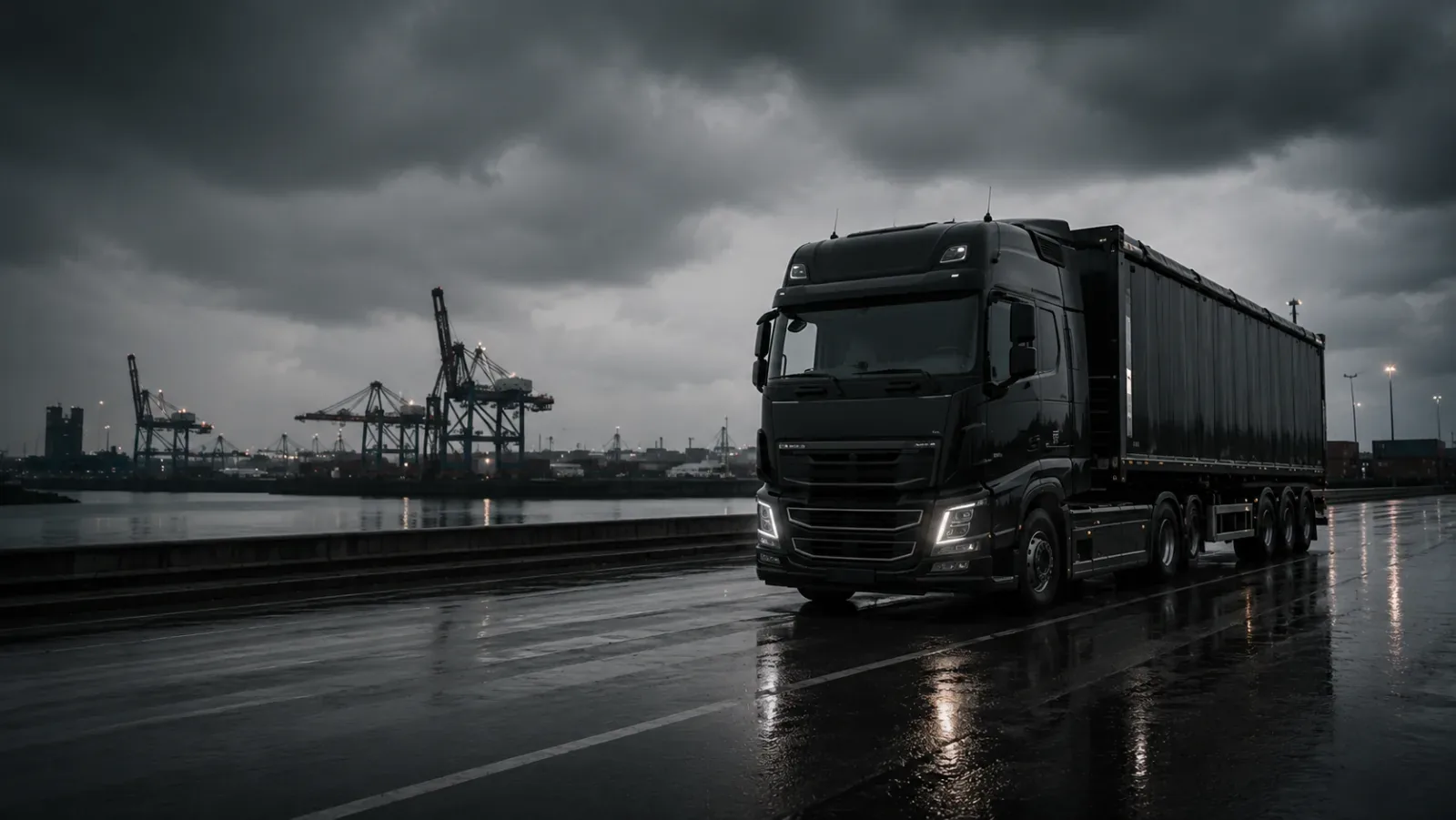 Sattelzug von Abfallmakler Deutschland auf der Autobahn bei Dämmerung